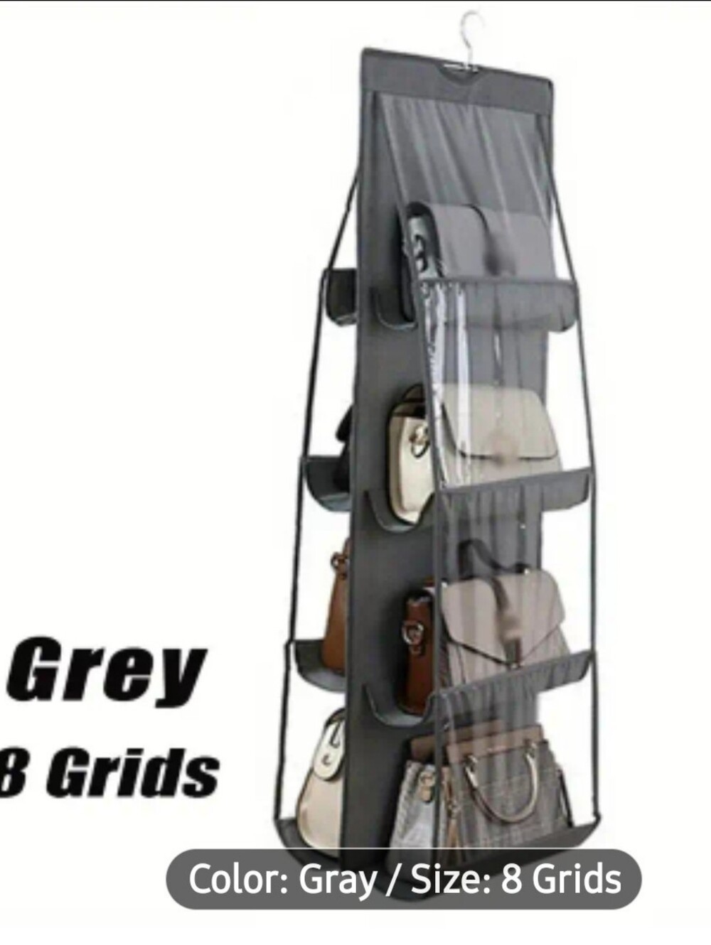 New - Gray Hanging Purse Organizer (8 Grids)